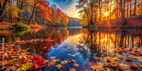 Obraz na płótnie Colorful autumn leaves reflected in the calm surface of a forest pond at sunset, forest floor, outdoor photography w salonie