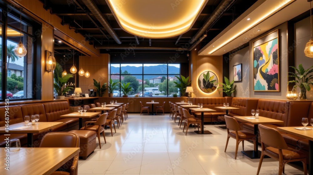Modern and Cozy Dining Area in Restaurant with Warm Lighting and Artistic Decor for Fine Dining Experience Modern and Cozy Dining Area in Restaurant with Warm Lighting and Artistic Decor for Fine Dining Experience