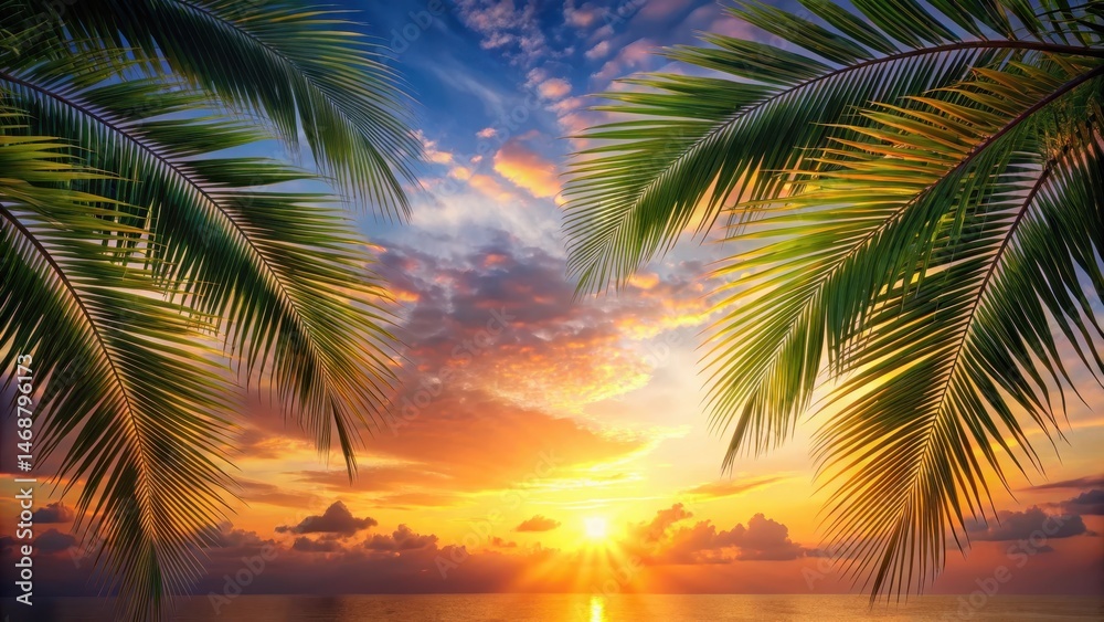 Palm tree leaves floating gently in the sky at sunset, serene, palm tree, serene,palm tree, tropical