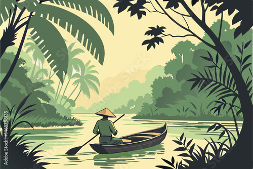 106 a man wearing a conical hat in a small wooden boat on a tranquil river, surrounded by lush tropical foliage, serene landscape, beautiful natural lighting, vibrant colors, detailed, highly realisti