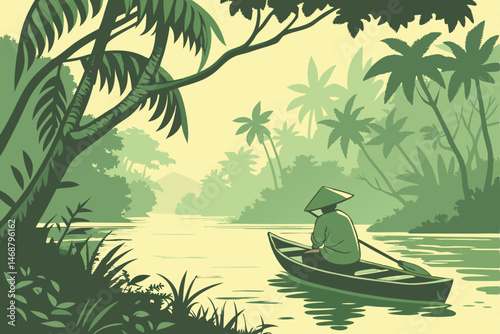 106 a man wearing a conical hat in a small wooden boat on a tranquil river, surrounded by lush tropical foliage, serene landscape, beautiful natural lighting, vibrant colors, detailed, highly realisti