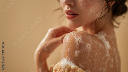 A young woman in shower with a foam on the shoulder