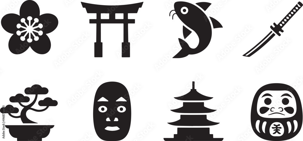 Naklejka premium Vector illustration of japanese icons including flowers pagodas and traditional elements
