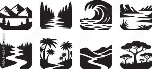 Silhouette landscapes set depicting mountains rivers waves trees and palm trees in rectangular frames