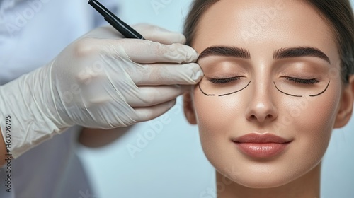 Beautiful woman in a beauty clinic, doctor in gloves drawing guidelines for a facelift. 