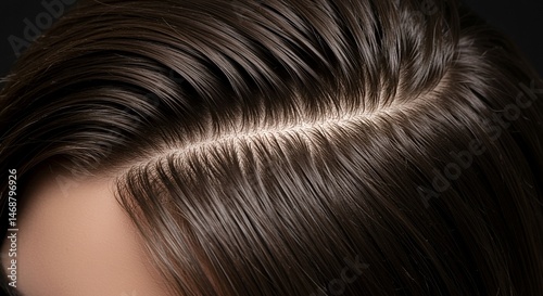 Close-up view of a woman's dark brown hair parting, showing healthy, shiny strands.  The hair appears sleek and well-maintained, with a natural sheen.