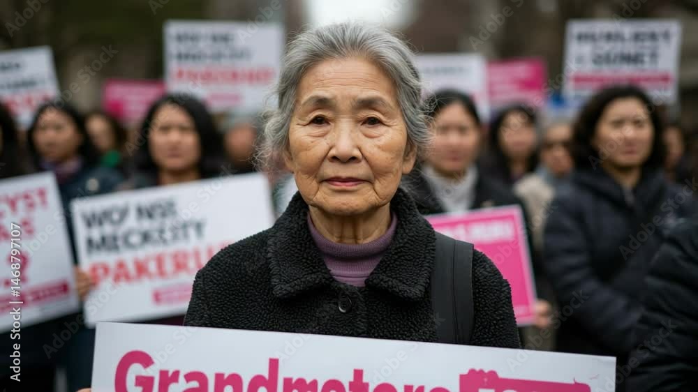 Elderly Asian Woman at a Protest March, Holding a Sign for Grandmothers Against Injustice, Surrounded by Supportive Demonstrators in a Social Activism Event