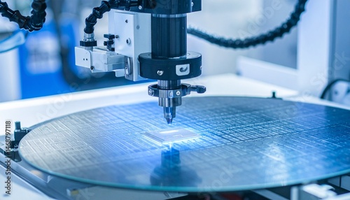 A robotic arm precisely places a microchip on a silicon wafer.