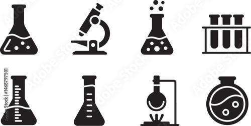 Simple black and white science lab equipment icons for educational or scientific concepts