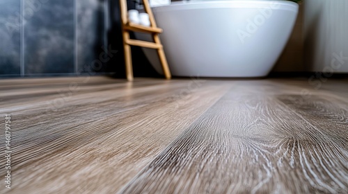 Close-up of waterproof vinyl flooring being laid in a bathroom. 