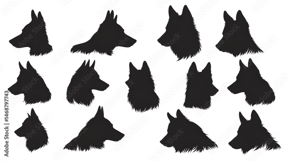 Set of german shepherd dog faces silhouette isolated on white background
