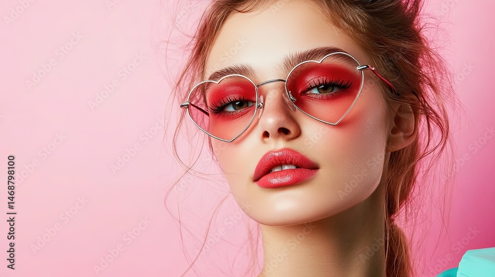 Obraz premium Fashionable girl in heart-shaped glasses, with bright makeup, posing on a colored background. 
