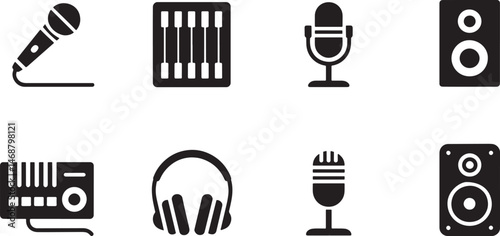 Simple black icons representing audio recording and sound equipment elements