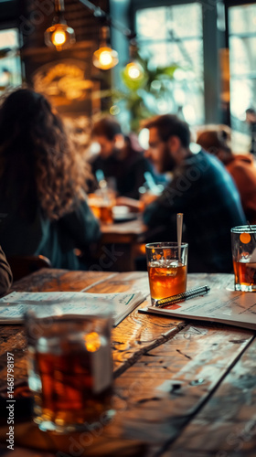 Friends at pub quiz enjoying drinks and laughter in cozy atmosphere, creating memorable moments together