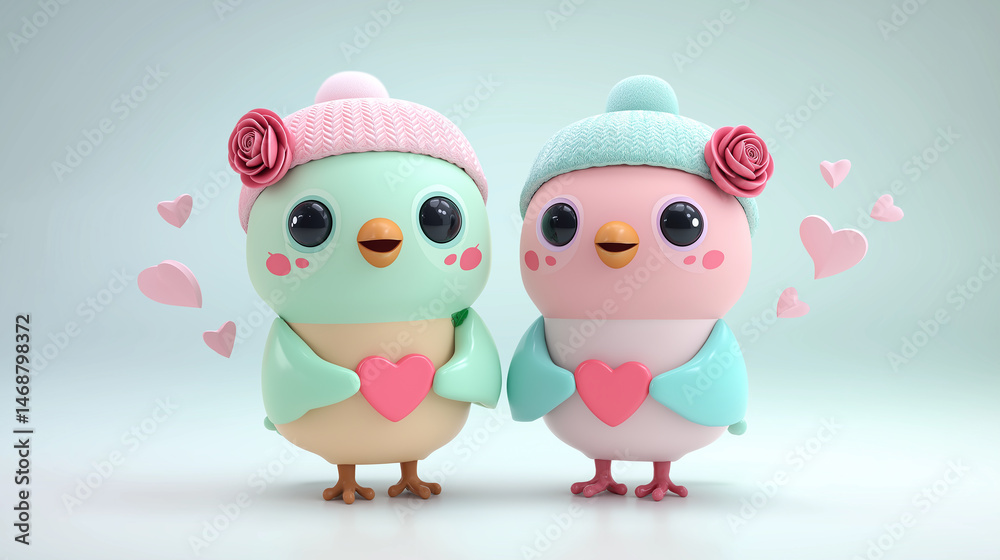 Obraz premium Cute Cartoon Lovebirds in Winter Hats Holding Hearts