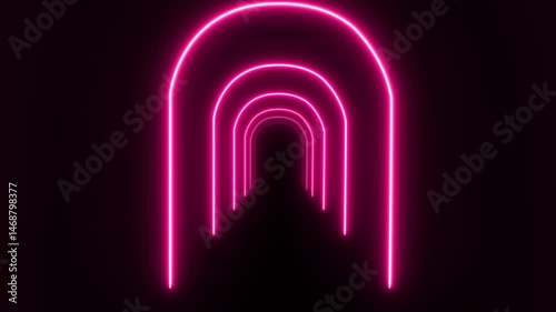 Black runway stage or corridor with neon yellow arch. Realistic 3d icon of perspective hall or catwalk podium with golden light led arc. Abstract futuristic portal or night club walkway.