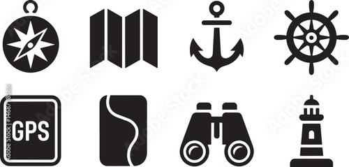 Vector icons depicting navigation travel and exploration elements on white background