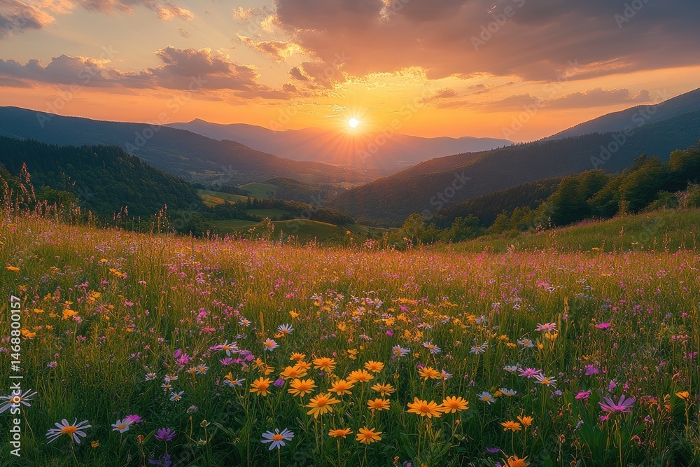 Fototapeta premium Sunset over a mountain meadow. A vibrant display of wildflowers, bathed in the golden light of a beautiful sunset, stretches across a valley in the mountains