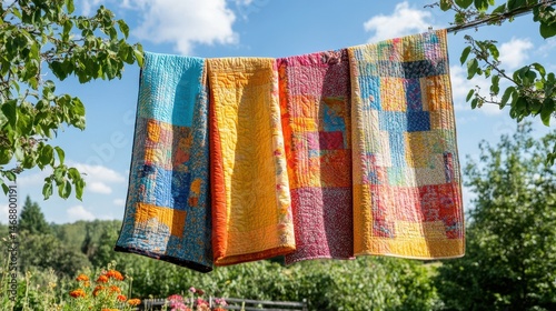 Colorful patchwork quilts hanging outside on a sunny day to dry. Showcases handmade craftsmanship and adds a touch of homespun warmth.