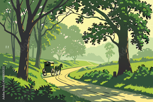 109 a picturesque rural road through a lush green forest, with a horse-drawn carriage traversing the path, sunlight filtering through the canopy of trees, a serene and tranquil landscape, vibrant foli