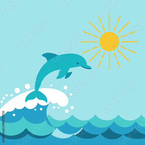 Dolphin jumping over waves under bright sun in clear blue sky
