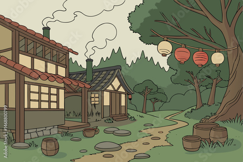 110 fantasy asian rural pastoral village, traditional wooden house with lanterns, smoke coming from chimney, clay pots and pottery, lush greenery and cloudy sky, vibrant colors, detailed cinematic lig