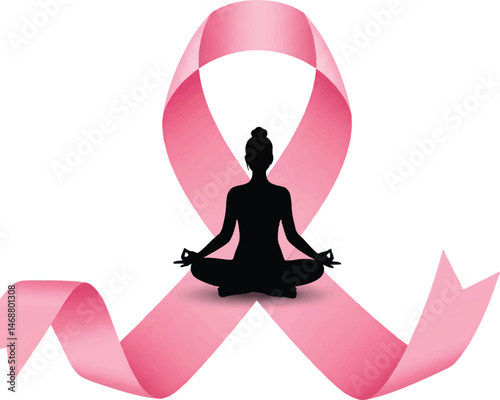 Silhouette Meditating Inside Pink Breast Cancer Ribbon