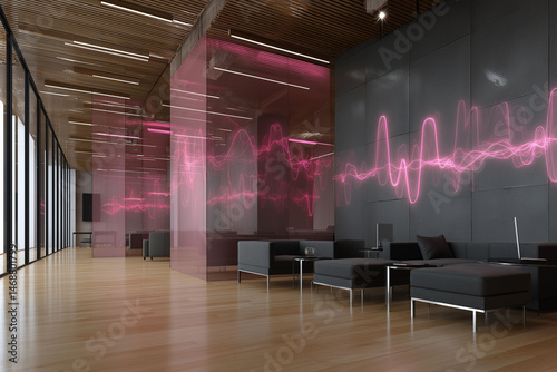 Pink noise sound therapy meditation. Relaxation focus. Sleep aid sound masking. Background noise ambient sound. Modern office interior with glass and wooden design elements