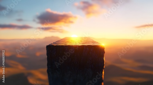 Dark Rock Cliff at Sunset Over Mountains