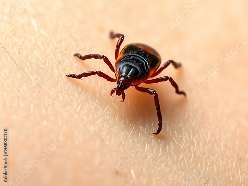An encephalitic tick is depicted in close-up on the human body. photo