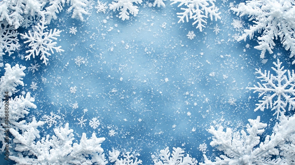 Winter snowflakes border, blue background, snowfall, holiday card Winter snowflakes border, blue background, snowfall, holiday card