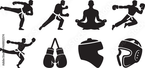 Vector silhouettes depicting martial arts boxing and meditative practices