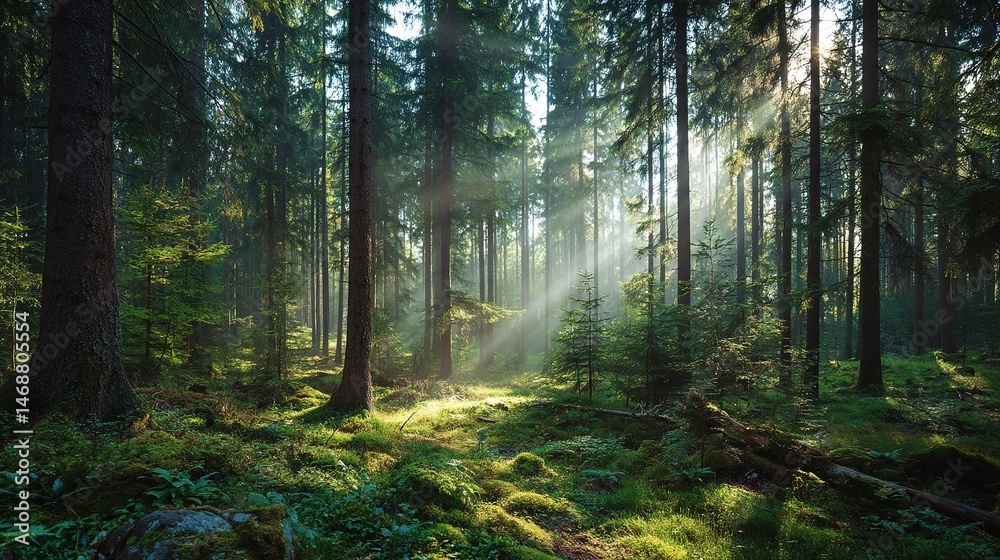 Obraz premium Sunlight Beams Through Tall Trees in Forest Glade Setting