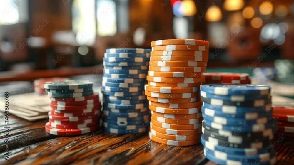 Stack of money and poker chips close-up on a wooden table