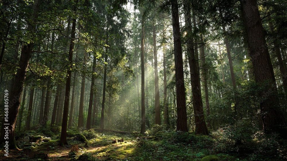Fototapeta premium Sunlight Filtering Through Dense Forest Canopy in Serene Landscape