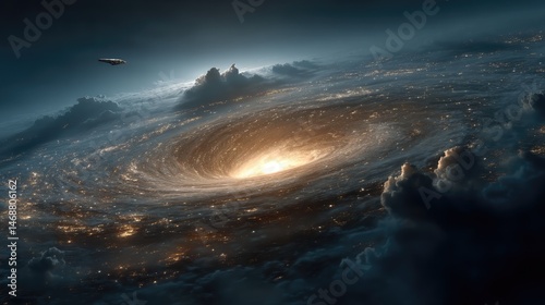 Spacecraft navigating a cosmic wormhole in a dazzling galactic environment stunning viewpoint
