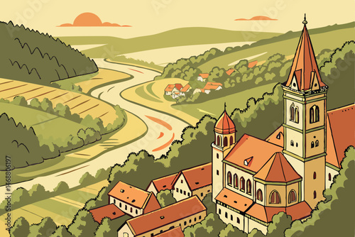 111 watercolor painting, aerial view of a quaint medieval village nestled along a winding river, colorful roofs, winding cobblestone streets, lush green fields and forests surrounding the town, pictur