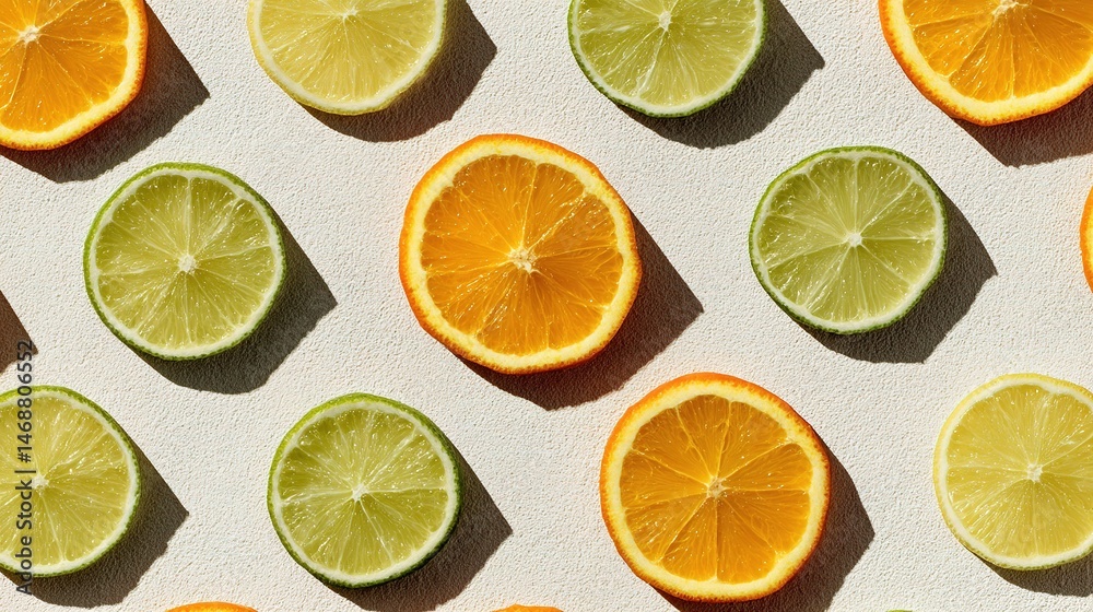 Fototapeta premium Fresh Citrus Slices Arranged in Geometric Pattern on Textured Surface