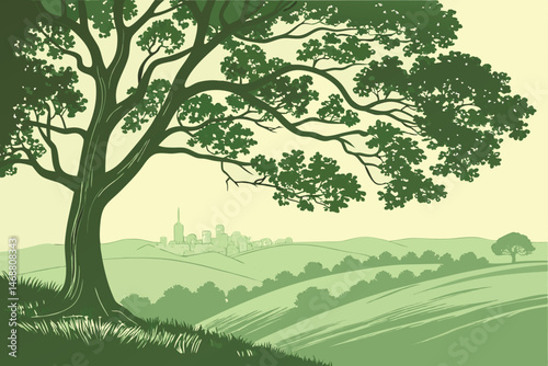 113 a lush green tree with leaves and branches, a cityscape in the background, rolling hills in the foreground, detailed nature, serene landscape, digital art, 8k, hyperrealistic
