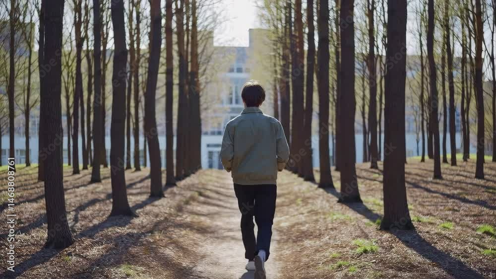 Rear View of a Man Walking Through an Urban Forest Rear View of a Man Walking Through an Urban Forest