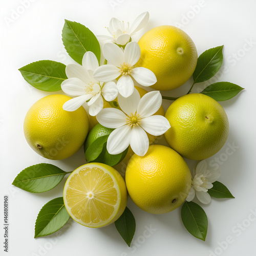 Fresh Bergamot Fruits and Jasmine Flowers Displayed on a White Background.