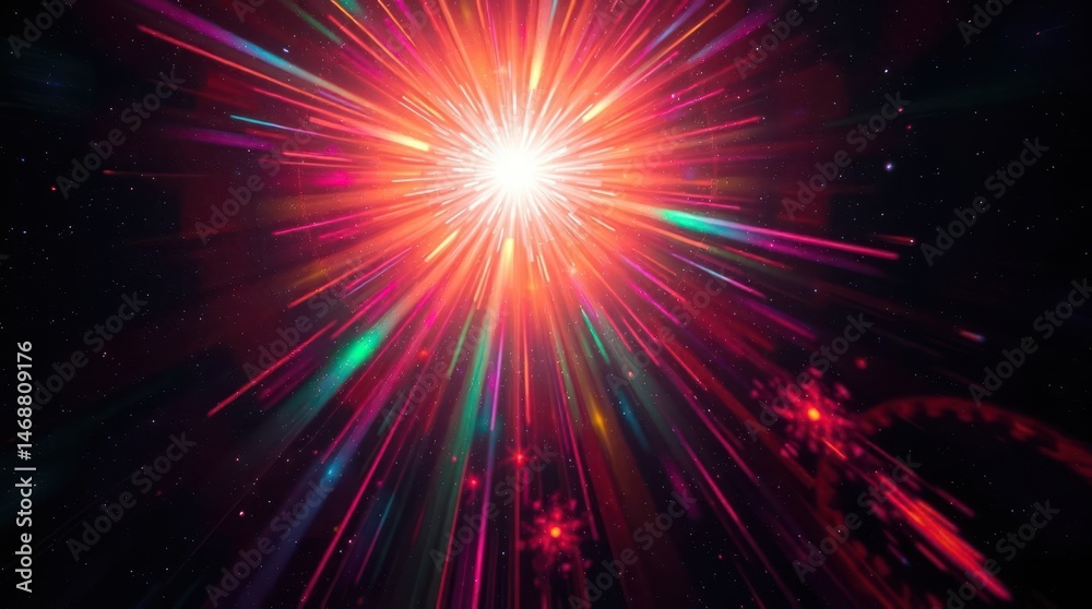 Fototapeta premium Vibrant cosmic explosion; radiating light streaks in red, pink, green hues against dark space