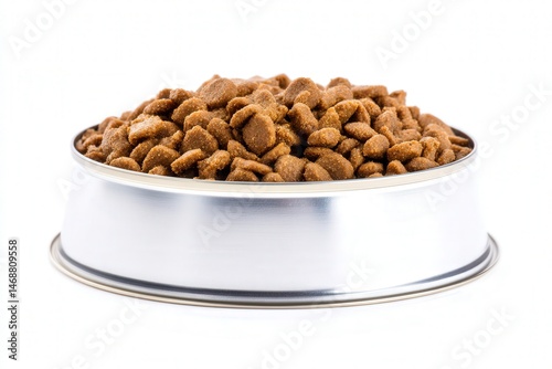 Metal bowl filled with dry dog kibble on white background
