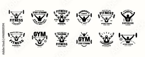 Set of emblems with fitness women silhouette. Gym, workout, bodybuilding and athletic  theme. Graphic design for t-shirt. Black print on white background