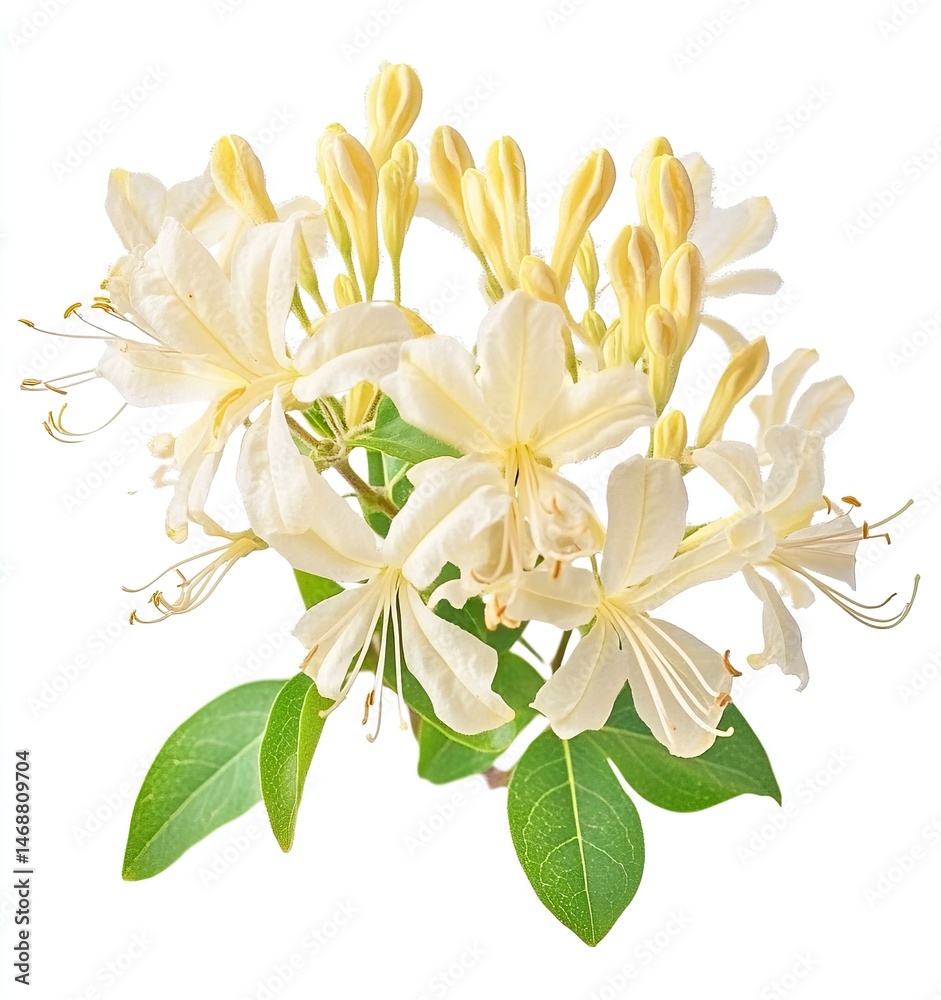 Fototapeta premium A bunch of cream colored Honeysuckle flowers, isolated on white background with clipping path. Full Depth of field. Focus stacking,generative ai
