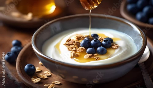 honey drips into blueberry oats yogurt bowl, Greek yogurt topped with granola and blueberries on a rustic wooden breakfast tray, wam and cozy homemade breakfast concept, 4k