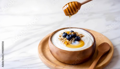 healthy breakfast yogurt and blueberries in wooden bowl with honey dripping in, on white marble table, 4k