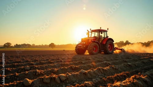 A powerful tractor working a farm field, cultivating the land Sun shining, rich soil , farming, outdoor, tractor work