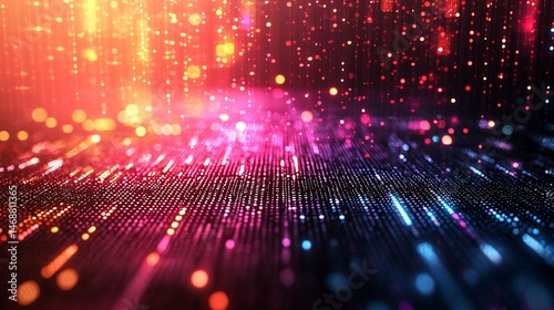 Abstract glowing particles, vibrant colors, dark background, digital art, ideal for technology