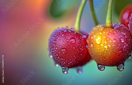 A close-up of fresh, juicy cherries with water droplets on them. The background is blurred to emphasize the vibrant red color and texture of the cherry fruit. High-resolution photography,generative ai